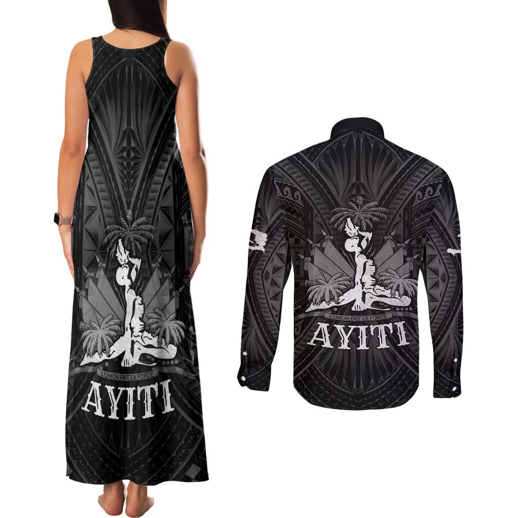 Haiti 1804 Couples Matching Tank Maxi Dress and Long Sleeve Button Shirt Polynesian Silver Neg Maron LT05 - Polynesian Pride