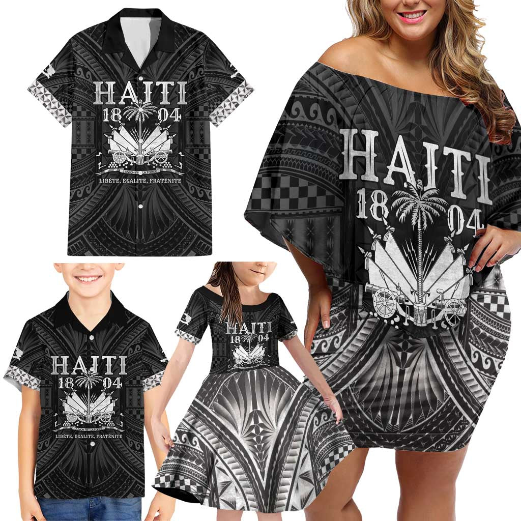 Haiti 1804 Family Matching Off Shoulder Short Dress and Hawaiian Shirt Polynesian Silver Neg Maron