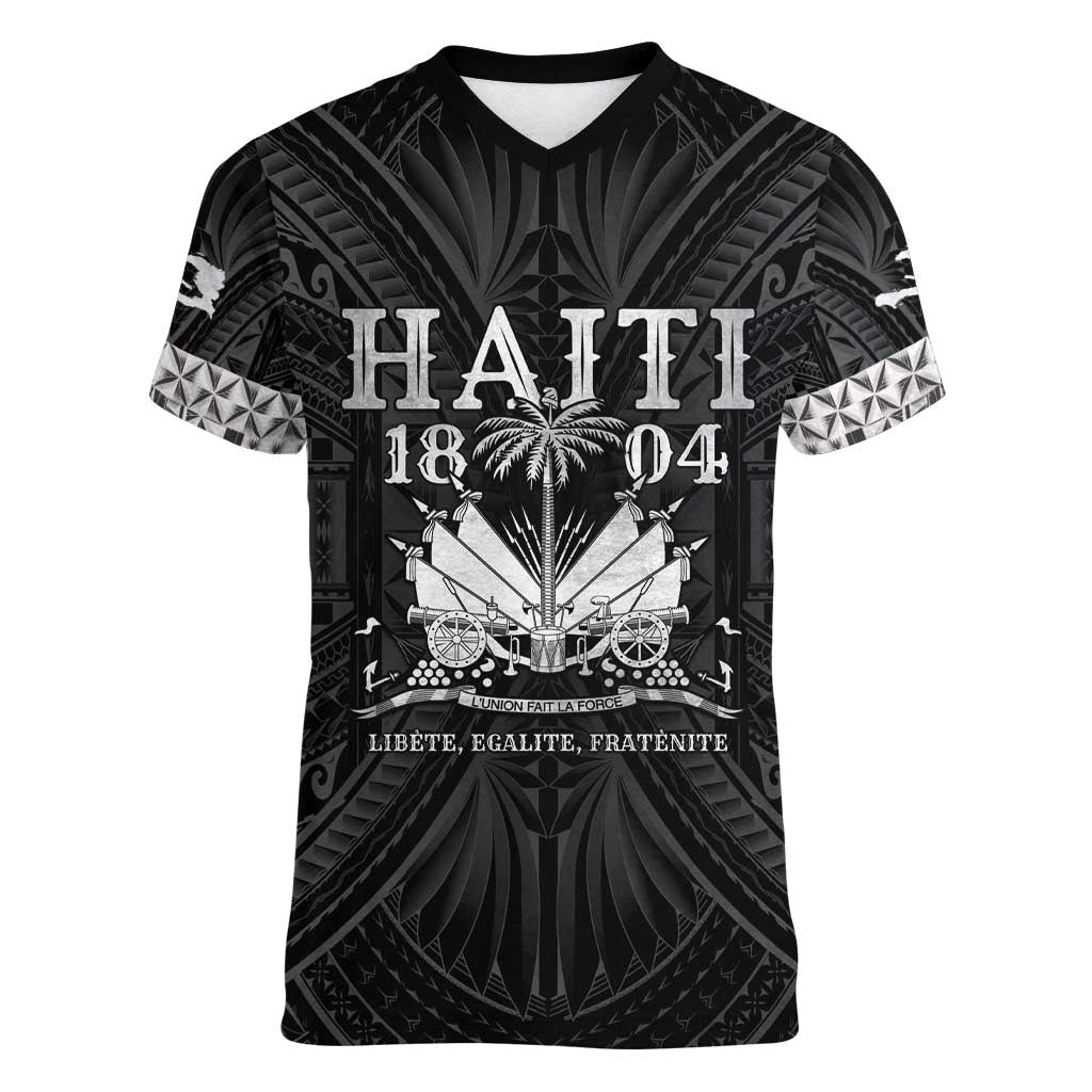 Haiti 1804 Women V-Neck T-Shirt Polynesian Silver Neg Maron LT05 Female Silver - Polynesian Pride