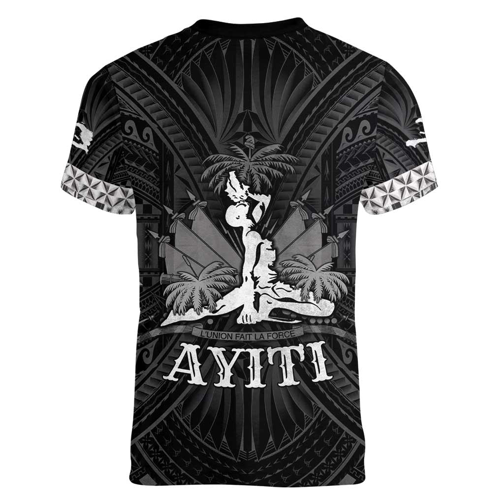 Haiti 1804 Women V-Neck T-Shirt Polynesian Silver Neg Maron LT05 - Polynesian Pride