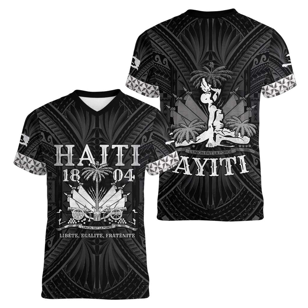 Haiti 1804 Women V-Neck T-Shirt Polynesian Silver Neg Maron LT05 - Polynesian Pride