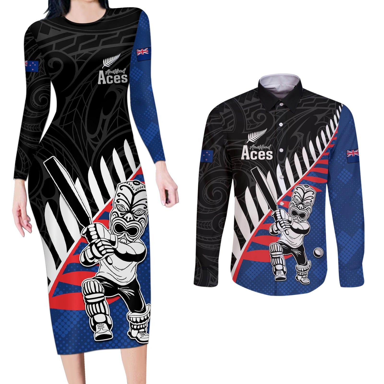 Custom New Zealand Auckland Cricket Couples Matching Long Sleeve Bodycon Dress and Long Sleeve Button Shirt With Maori Pattern