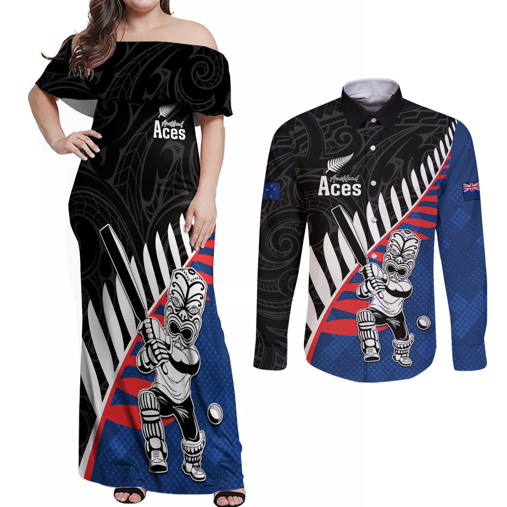 Custom New Zealand Auckland Cricket Couples Matching Off Shoulder Maxi Dress and Long Sleeve Button Shirt With Maori Pattern