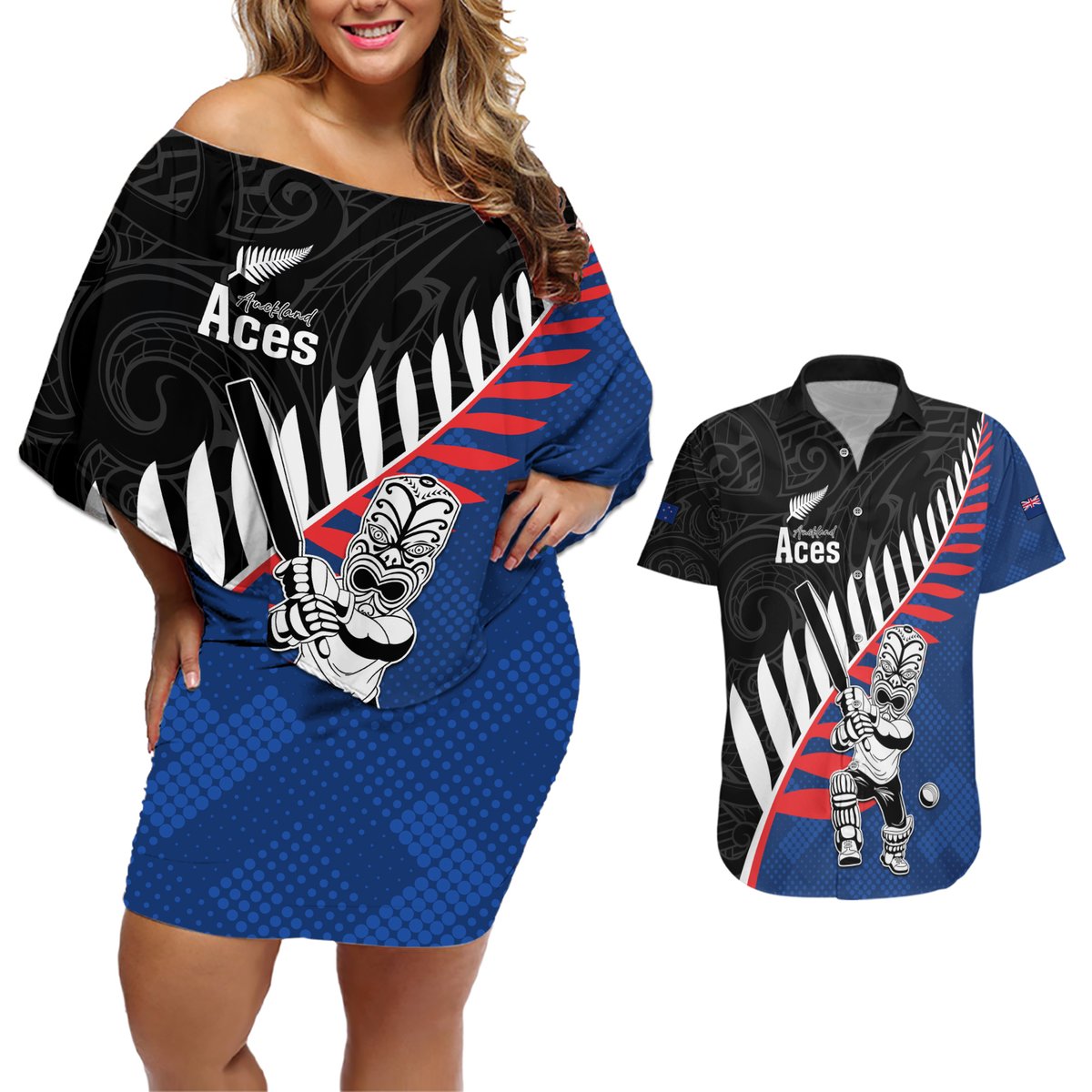 Custom New Zealand Auckland Cricket Couples Matching Off Shoulder Short Dress and Hawaiian Shirt With Maori Pattern LT05 Blue - Polynesian Pride
