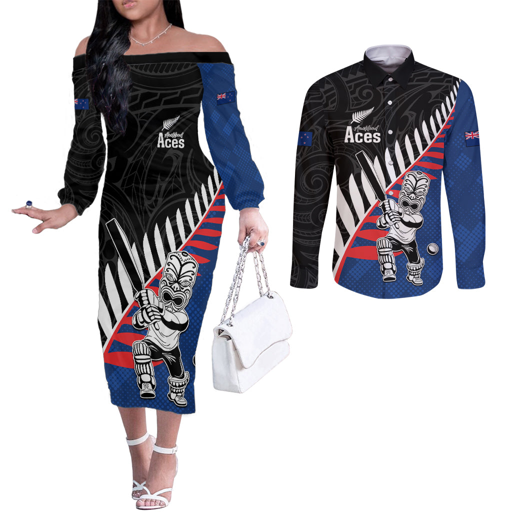 Custom New Zealand Auckland Cricket Couples Matching Off The Shoulder Long Sleeve Dress and Long Sleeve Button Shirt With Maori Pattern