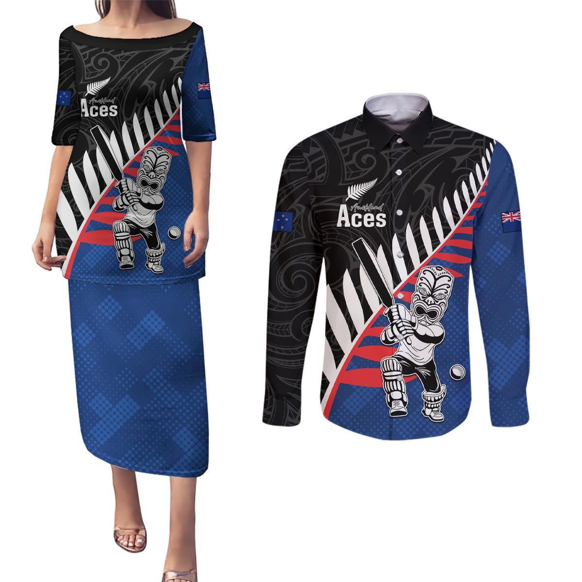 Custom New Zealand Auckland Cricket Couples Matching Puletasi and Long Sleeve Button Shirt With Maori Pattern LT05 Blue - Polynesian Pride