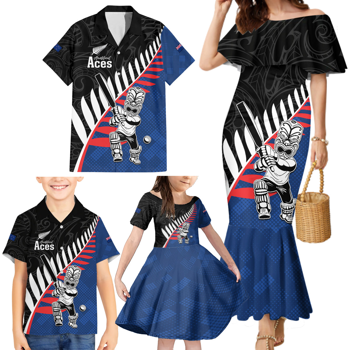 Custom New Zealand Auckland Cricket Family Matching Mermaid Dress and Hawaiian Shirt With Maori Pattern