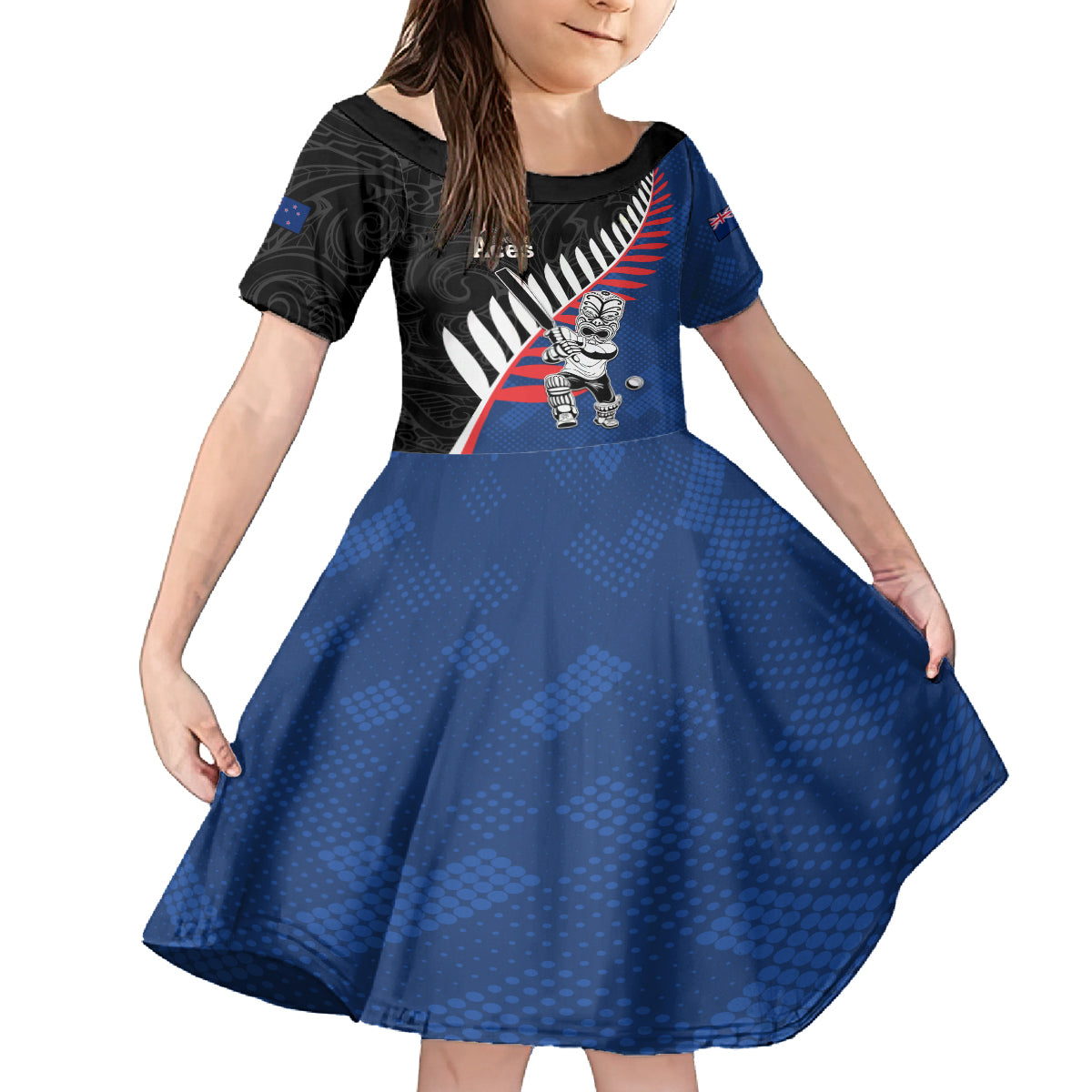 Custom New Zealand Auckland Cricket Family Matching Off The Shoulder Long Sleeve Dress and Hawaiian Shirt With Maori Pattern LT05 Daughter's Dress Blue - Polynesian Pride