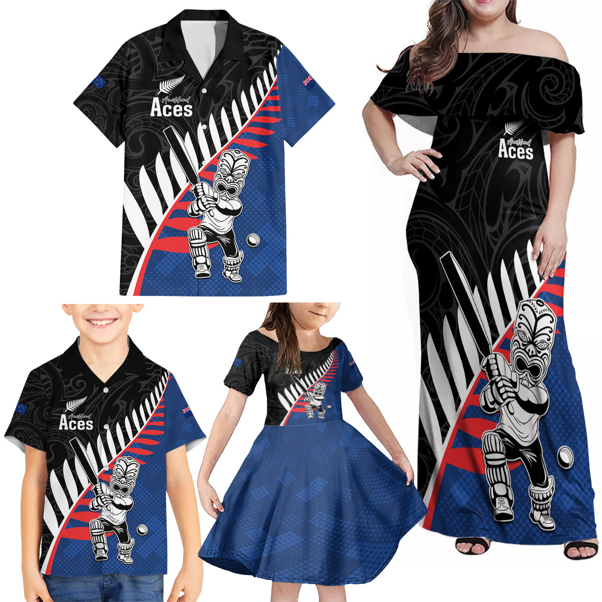 Custom New Zealand Auckland Cricket Family Matching Off Shoulder Maxi Dress and Hawaiian Shirt With Maori Pattern