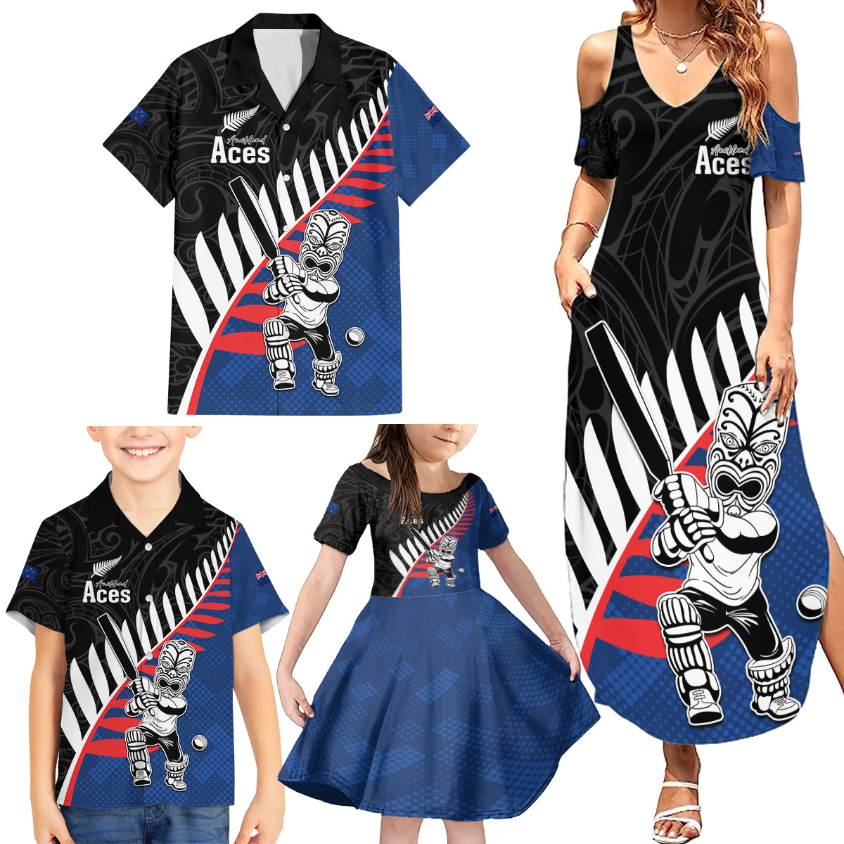 Custom New Zealand Auckland Cricket Family Matching Summer Maxi Dress and Hawaiian Shirt With Maori Pattern