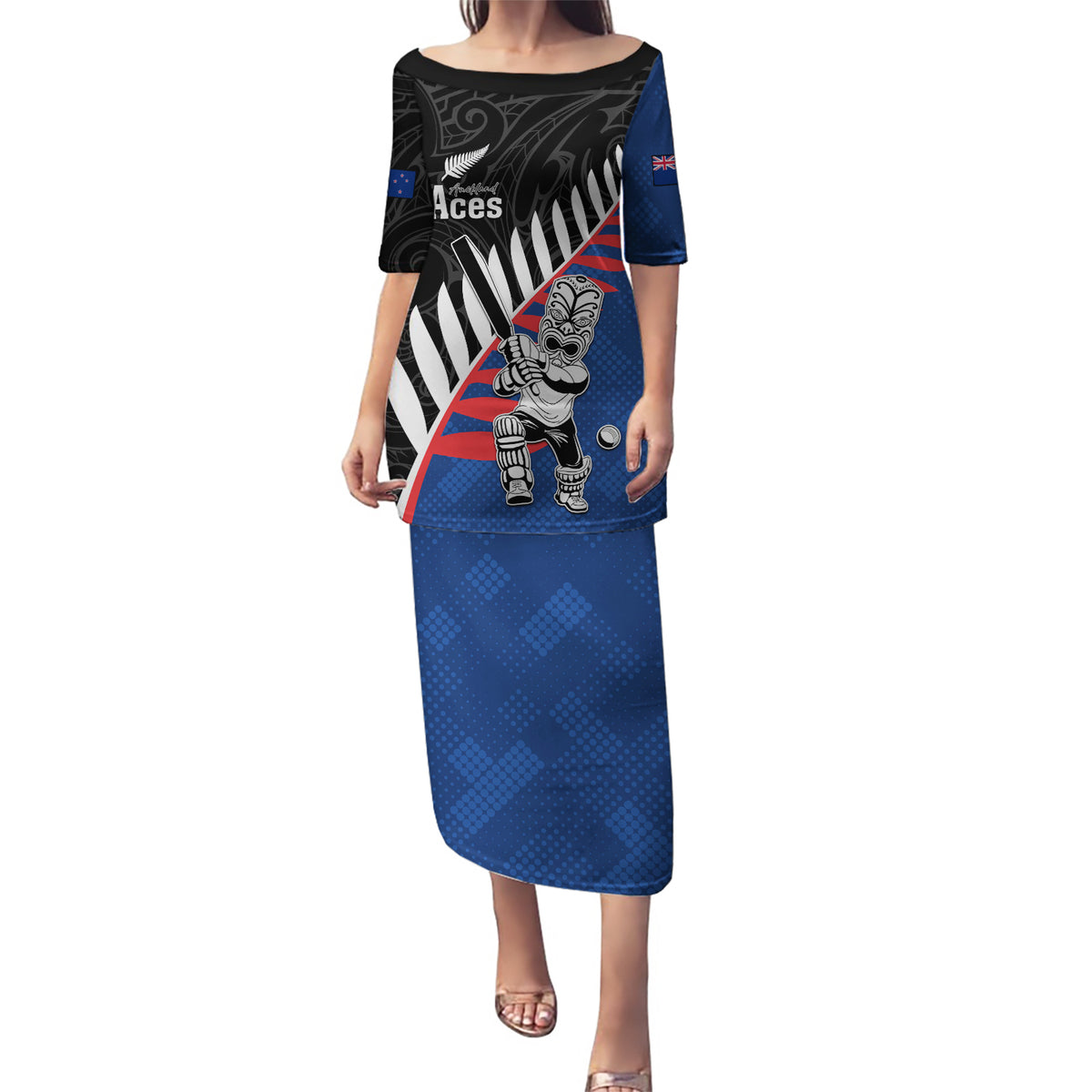 Custom New Zealand Auckland Cricket Puletasi With Maori Pattern LT05 Long Dress Blue - Polynesian Pride
