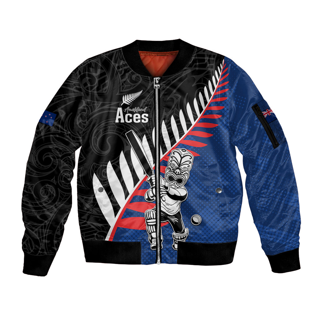 Custom New Zealand Auckland Cricket Sleeve Zip Bomber Jacket With Maori Pattern LT05 Unisex Blue - Polynesian Pride