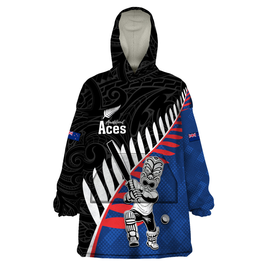 Custom New Zealand Auckland Cricket Wearable Blanket Hoodie With Maori Pattern LT05 One Size Blue - Polynesian Pride