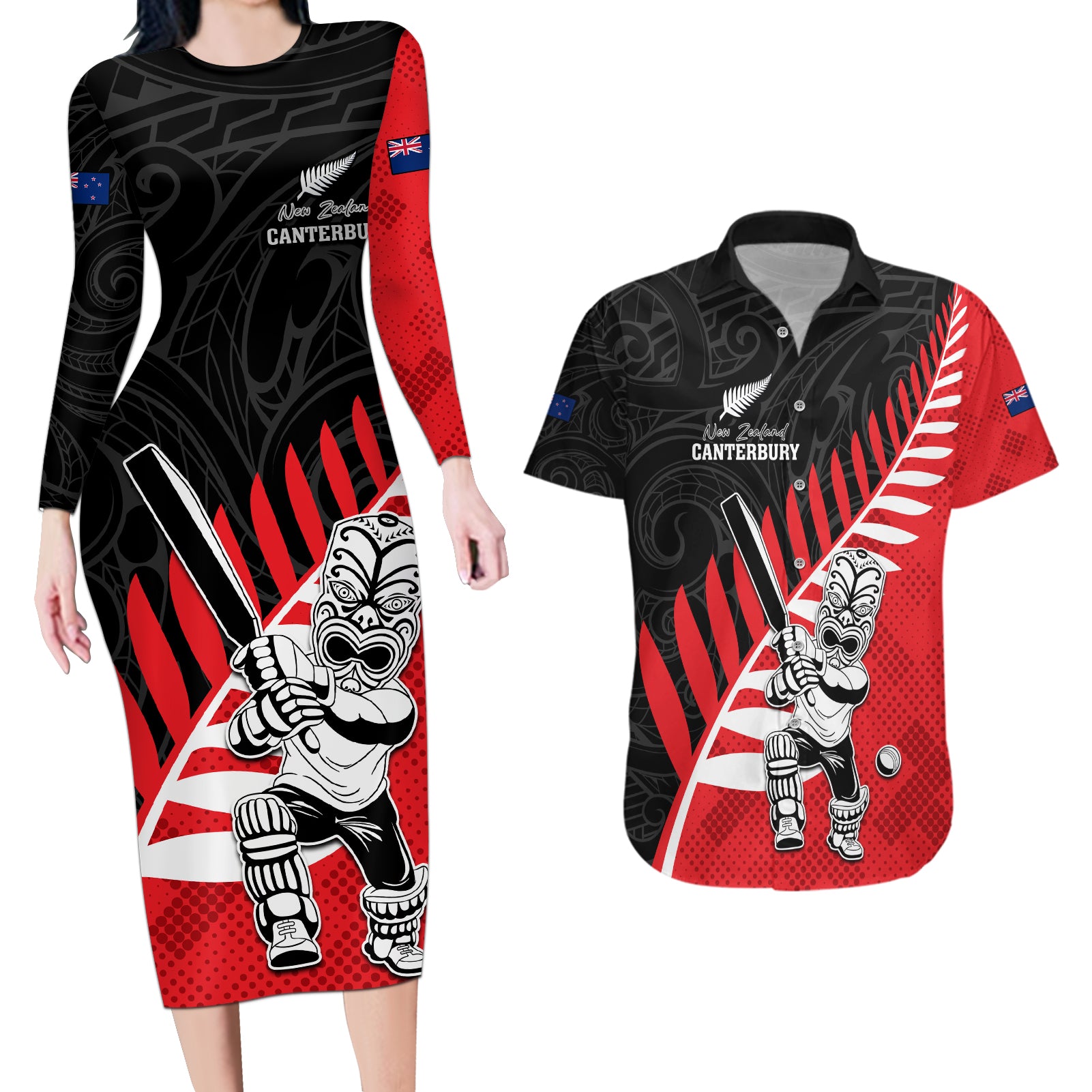 Custom New Zealand Canterbury Cricket Couples Matching Long Sleeve Bodycon Dress and Hawaiian Shirt With Maori Pattern