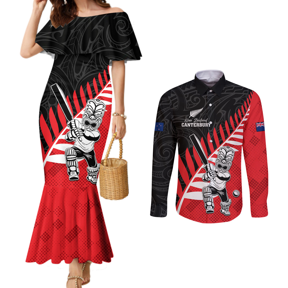 Custom New Zealand Canterbury Cricket Couples Matching Mermaid Dress and Long Sleeve Button Shirt With Maori Pattern