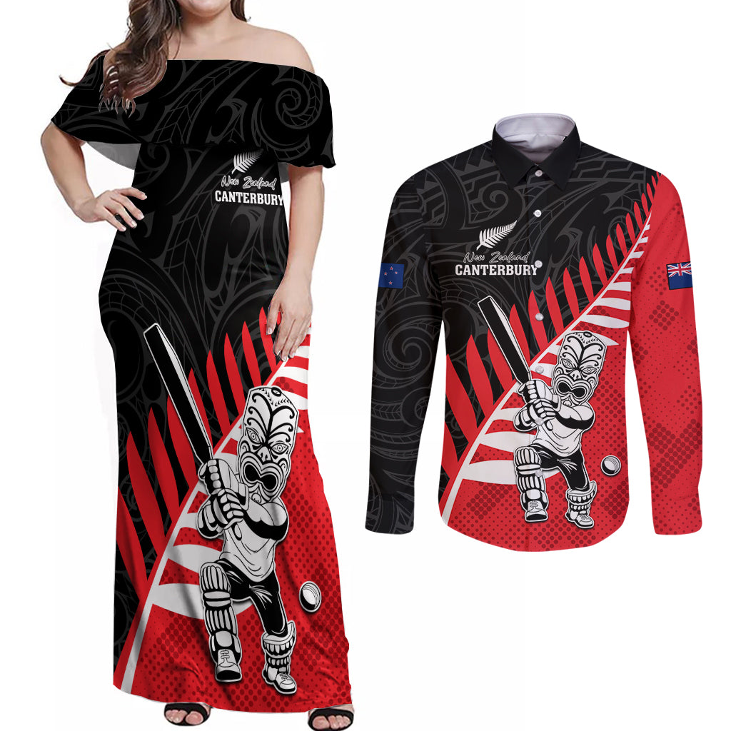 Custom New Zealand Canterbury Cricket Couples Matching Off Shoulder Maxi Dress and Long Sleeve Button Shirt With Maori Pattern