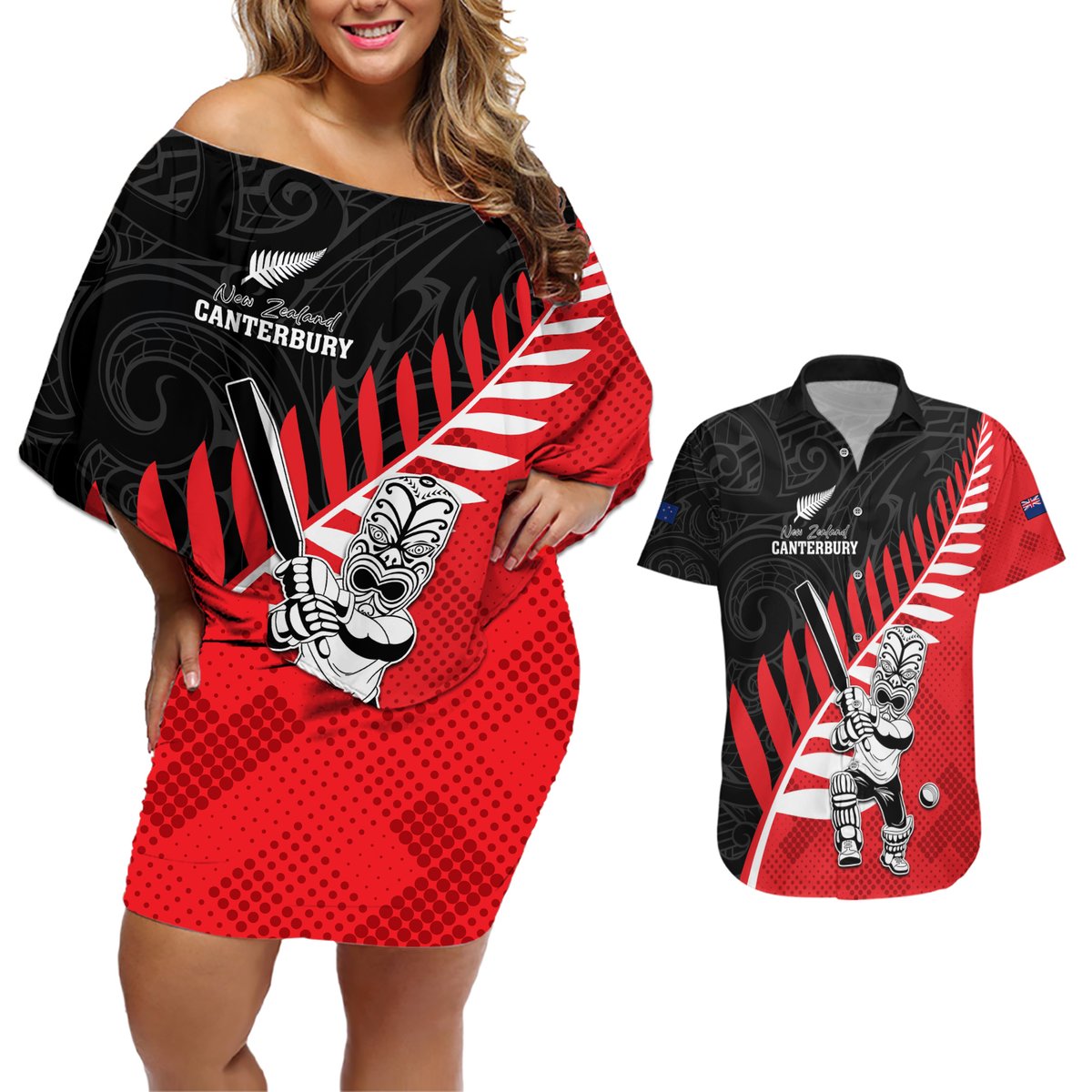 Custom New Zealand Canterbury Cricket Couples Matching Off Shoulder Short Dress and Hawaiian Shirt With Maori Pattern LT05 Red - Polynesian Pride