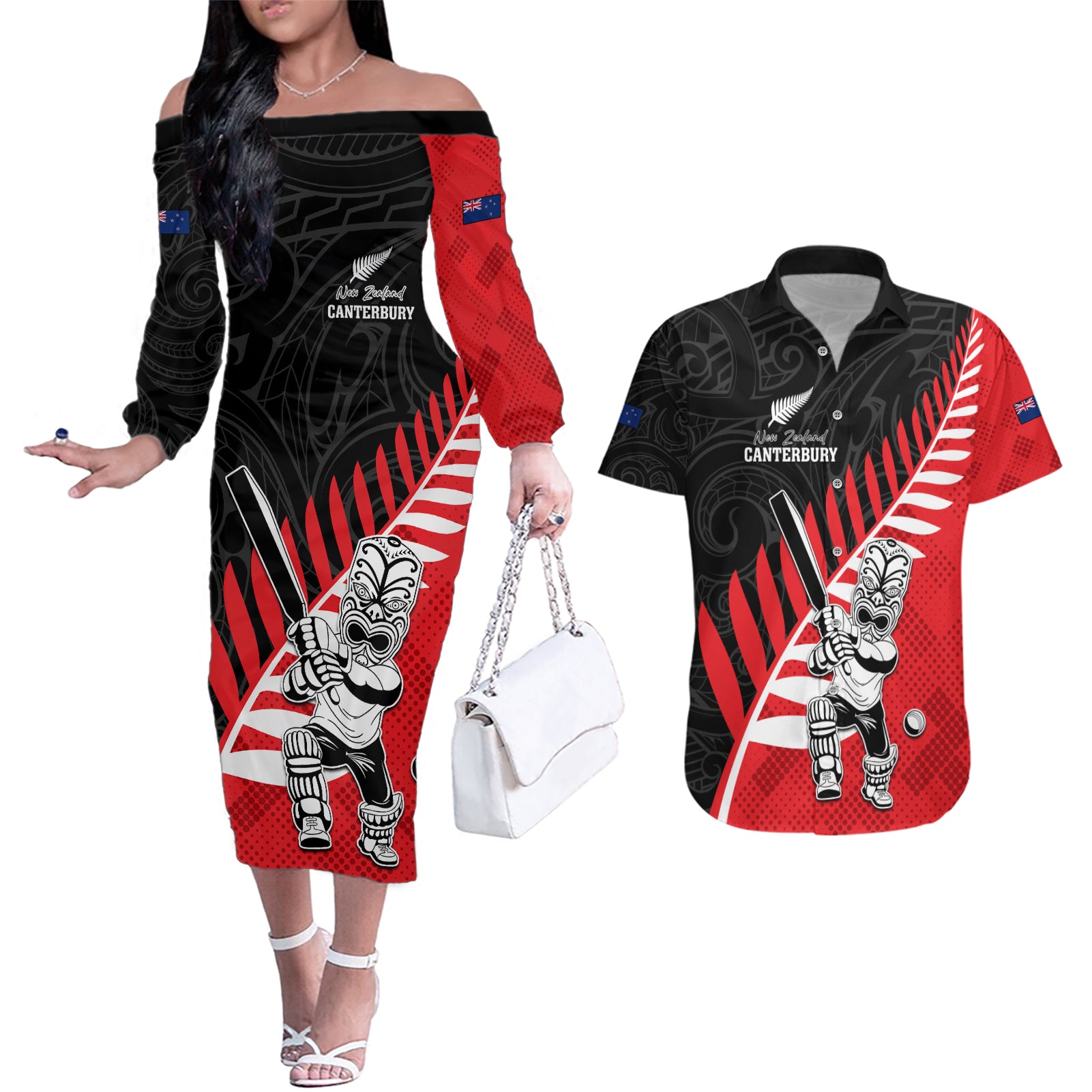 Custom New Zealand Canterbury Cricket Couples Matching Off The Shoulder Long Sleeve Dress and Hawaiian Shirt With Maori Pattern