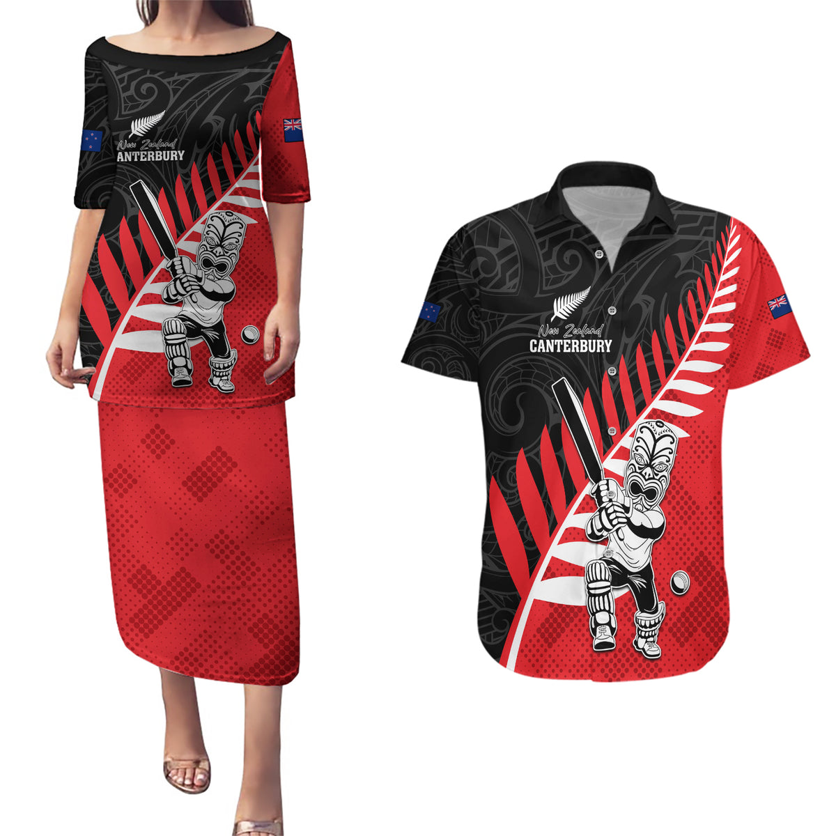 Custom New Zealand Canterbury Cricket Couples Matching Puletasi and Hawaiian Shirt With Maori Pattern LT05 Red - Polynesian Pride