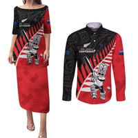 Custom New Zealand Canterbury Cricket Couples Matching Puletasi and Long Sleeve Button Shirt With Maori Pattern LT05 Red - Polynesian Pride