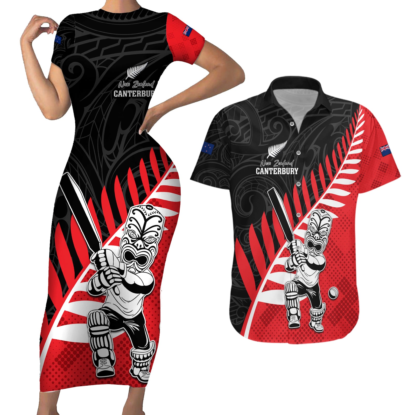 Custom New Zealand Canterbury Cricket Couples Matching Short Sleeve Bodycon Dress and Hawaiian Shirt With Maori Pattern