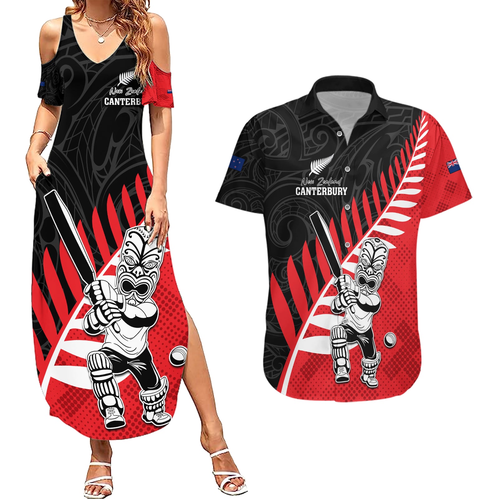 Custom New Zealand Canterbury Cricket Couples Matching Summer Maxi Dress and Hawaiian Shirt With Maori Pattern