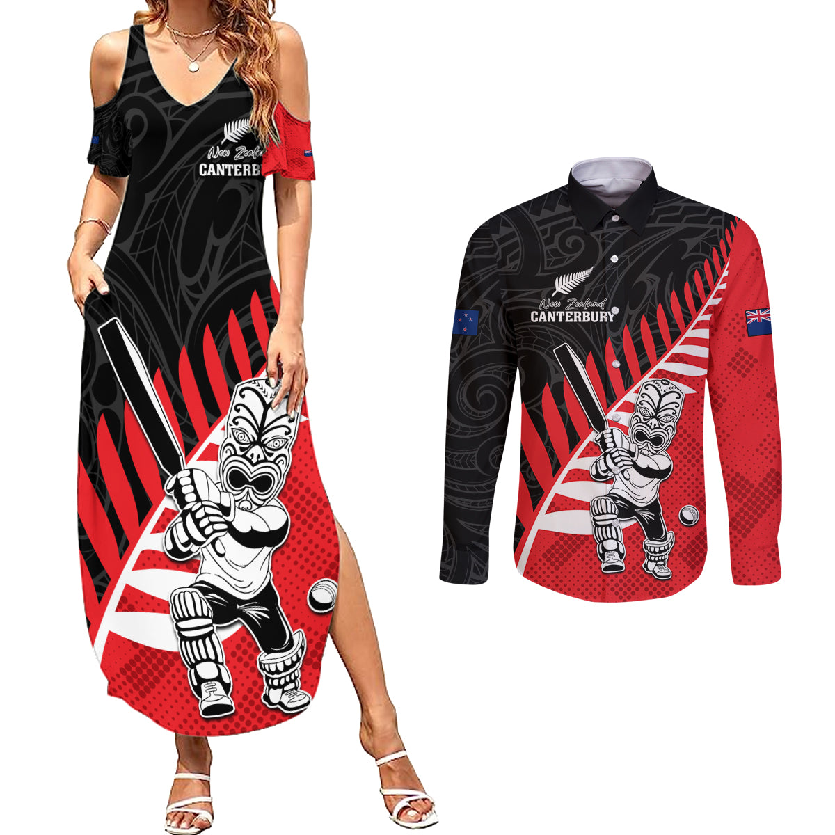 Custom New Zealand Canterbury Cricket Couples Matching Summer Maxi Dress and Long Sleeve Button Shirt With Maori Pattern