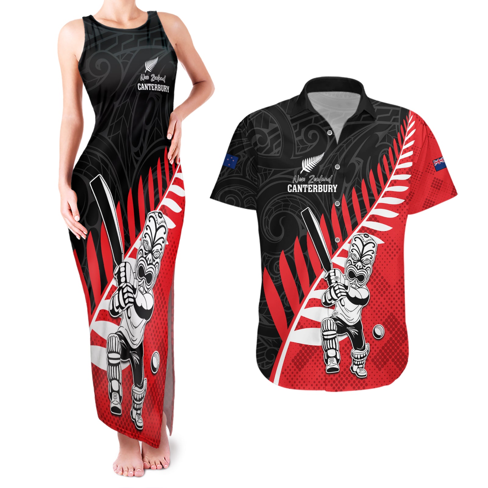 Custom New Zealand Canterbury Cricket Couples Matching Tank Maxi Dress and Hawaiian Shirt With Maori Pattern