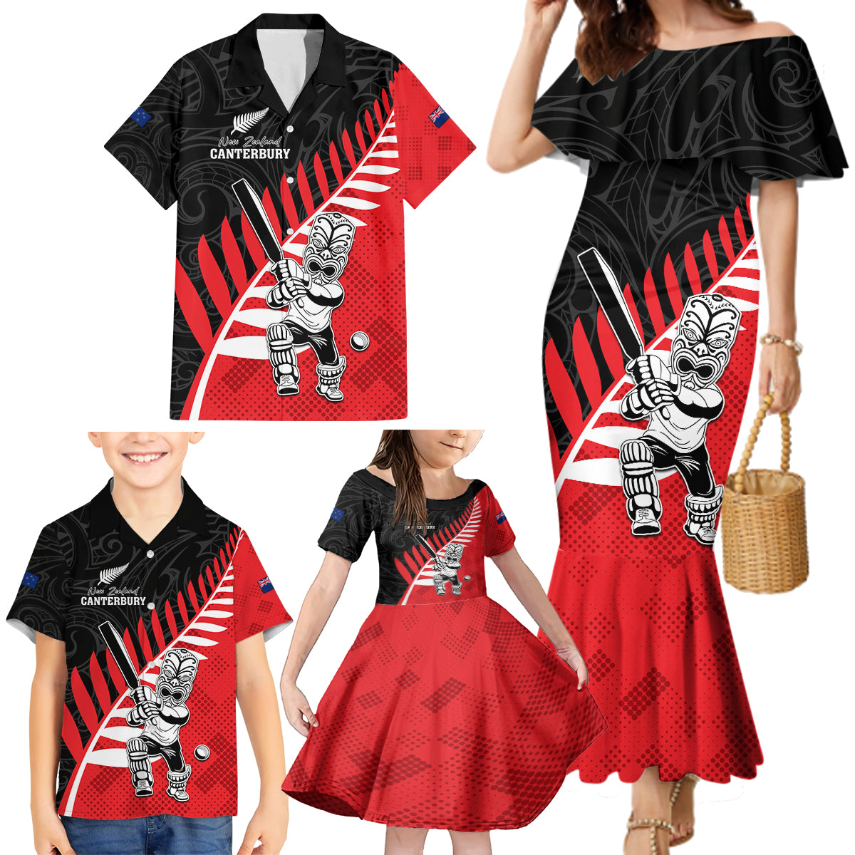 Custom New Zealand Canterbury Cricket Family Matching Mermaid Dress and Hawaiian Shirt With Maori Pattern