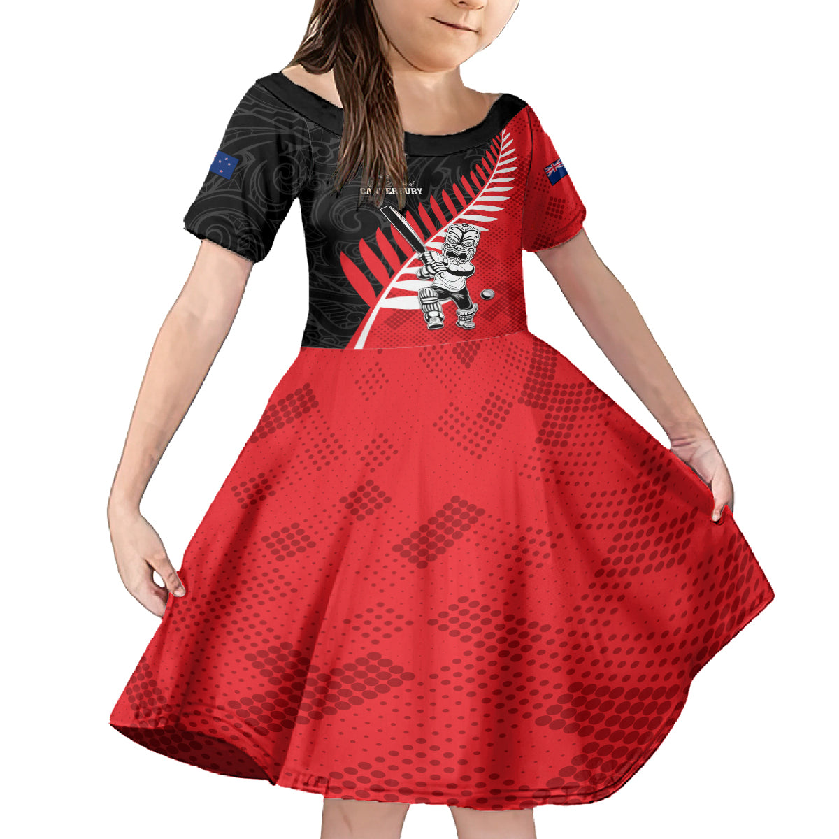 Custom New Zealand Canterbury Cricket Family Matching Off The Shoulder Long Sleeve Dress and Hawaiian Shirt With Maori Pattern LT05 Daughter's Dress Red - Polynesian Pride