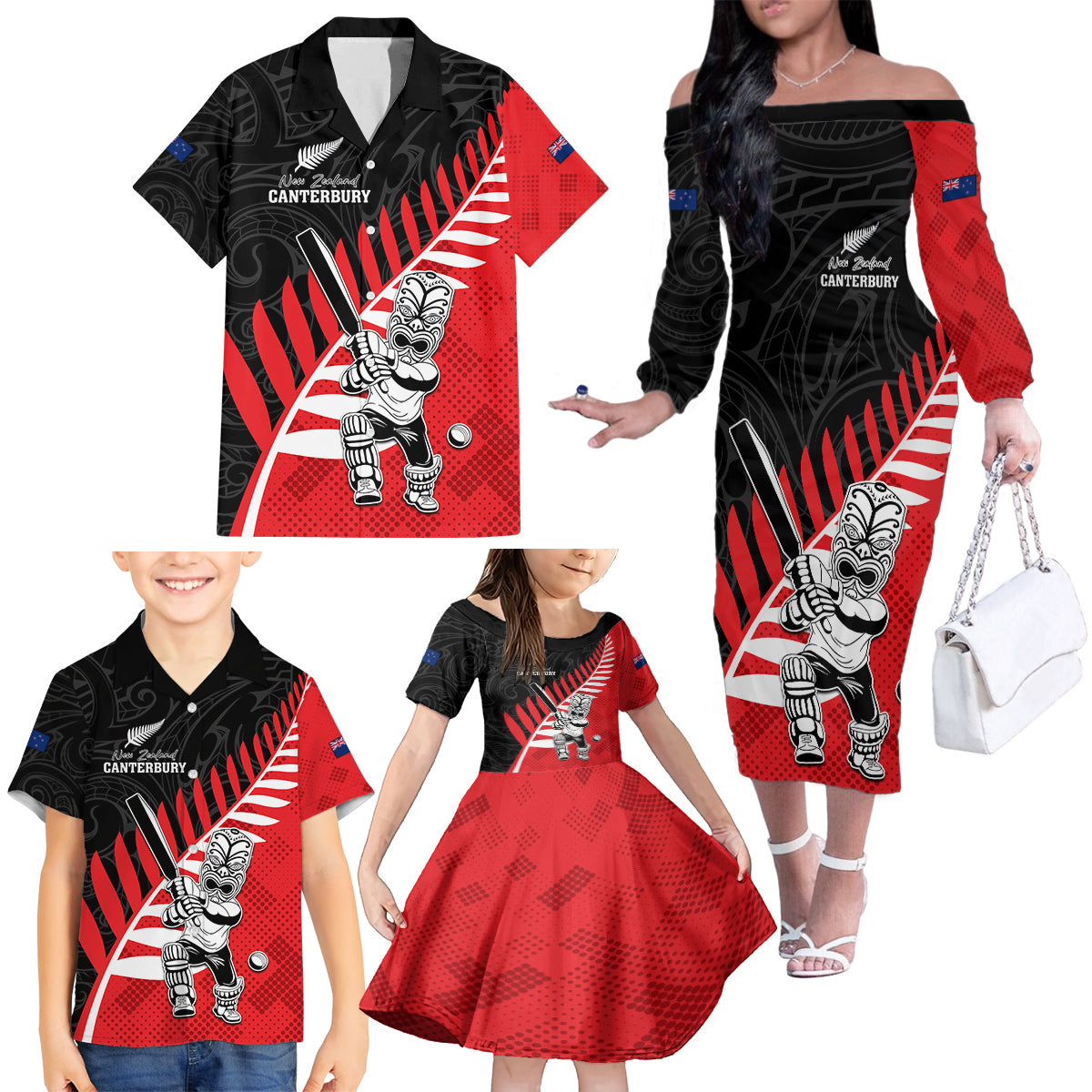 Custom New Zealand Canterbury Cricket Family Matching Off The Shoulder Long Sleeve Dress and Hawaiian Shirt With Maori Pattern