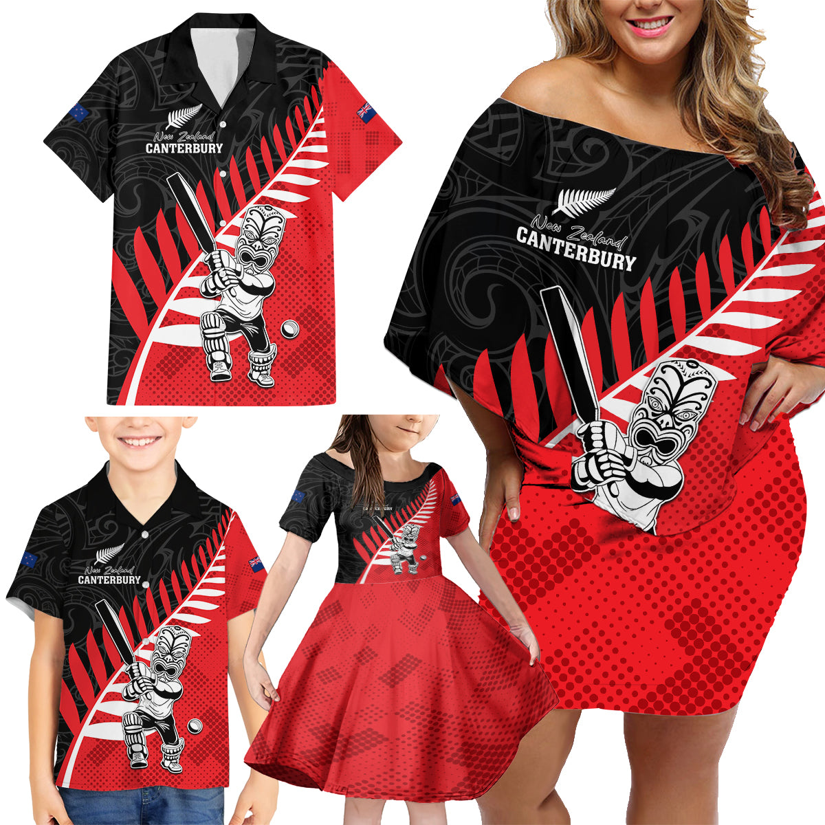 Custom New Zealand Canterbury Cricket Family Matching Off Shoulder Short Dress and Hawaiian Shirt With Maori Pattern