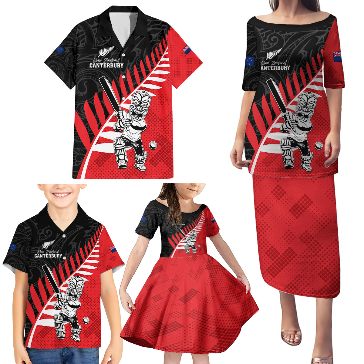 Custom New Zealand Canterbury Cricket Family Matching Puletasi and Hawaiian Shirt With Maori Pattern