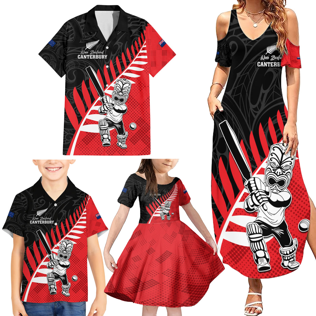 Custom New Zealand Canterbury Cricket Family Matching Summer Maxi Dress and Hawaiian Shirt With Maori Pattern