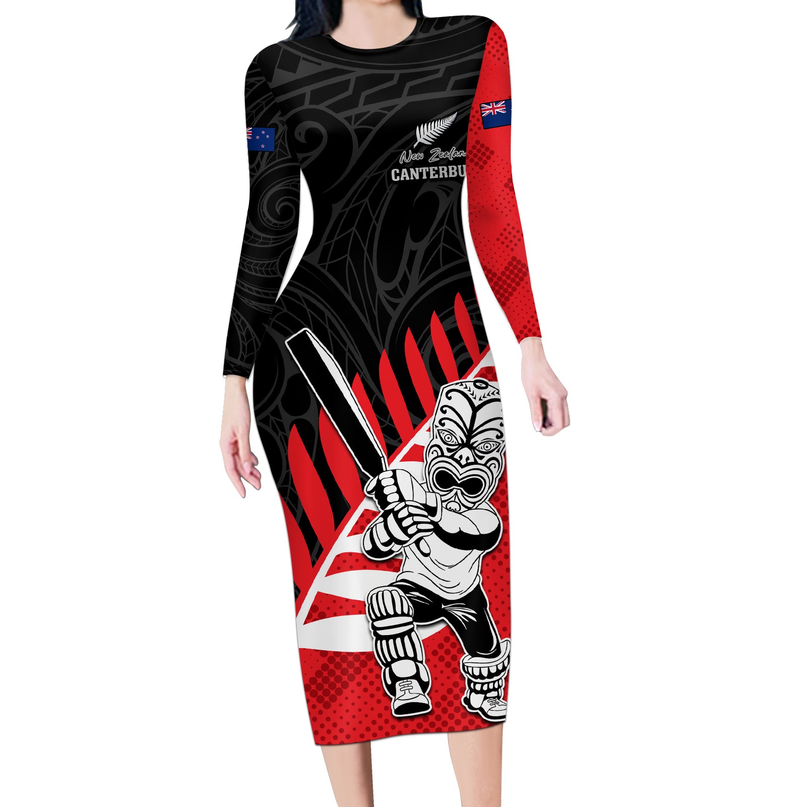 Custom New Zealand Canterbury Cricket Long Sleeve Bodycon Dress With Maori Pattern