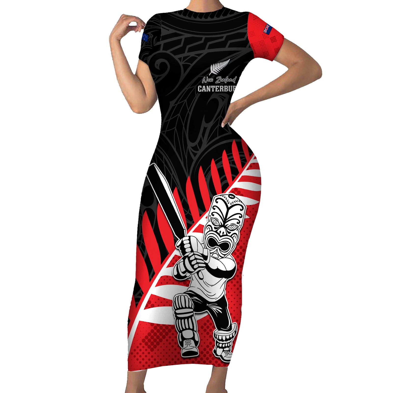 Custom New Zealand Canterbury Cricket Short Sleeve Bodycon Dress With Maori Pattern