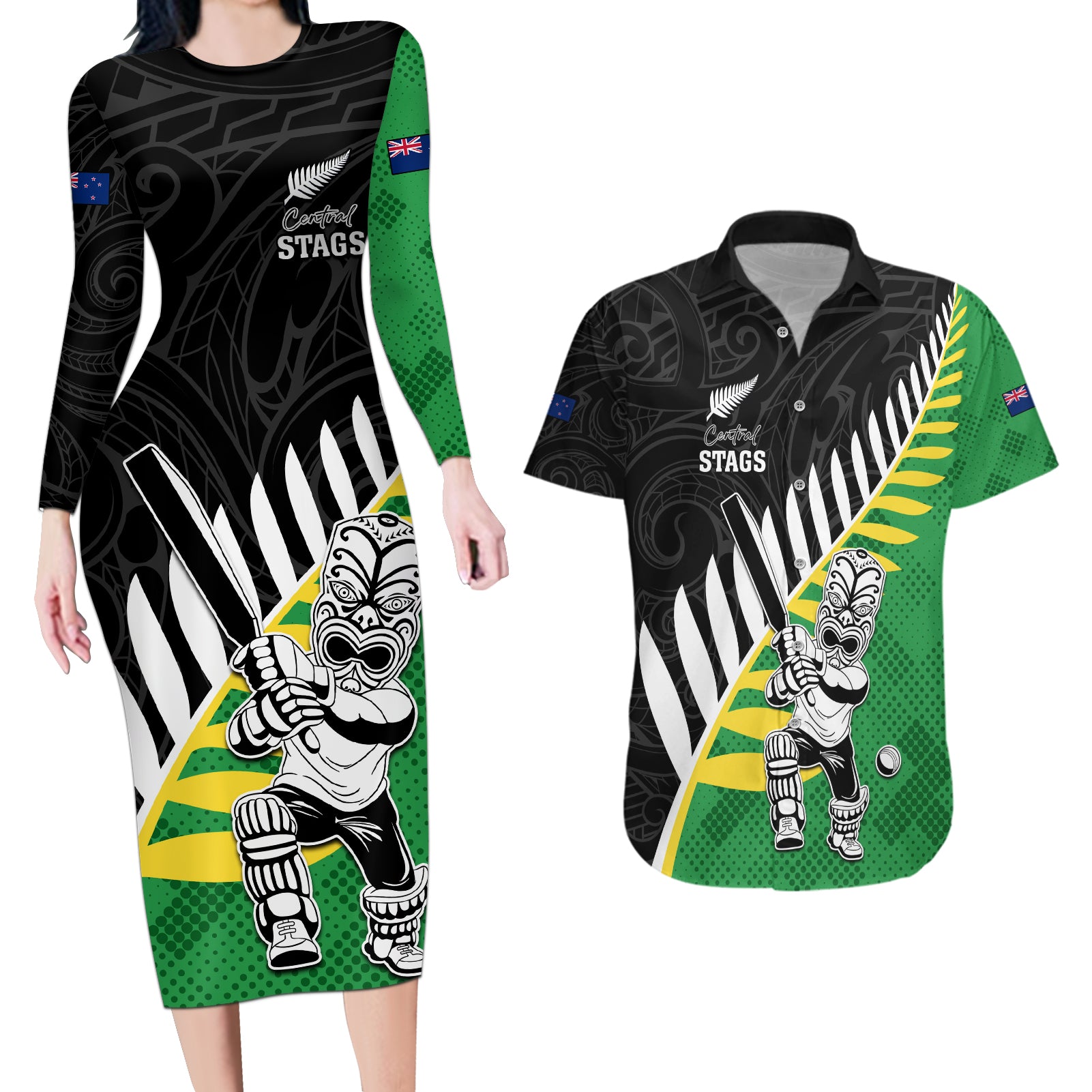 Custom New Zealand Central Districts Cricket Couples Matching Long Sleeve Bodycon Dress and Hawaiian Shirt With Maori Pattern