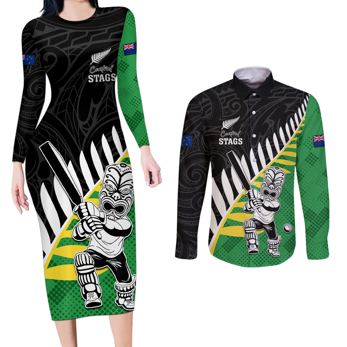Custom New Zealand Central Districts Cricket Couples Matching Long Sleeve Bodycon Dress and Long Sleeve Button Shirt With Maori Pattern
