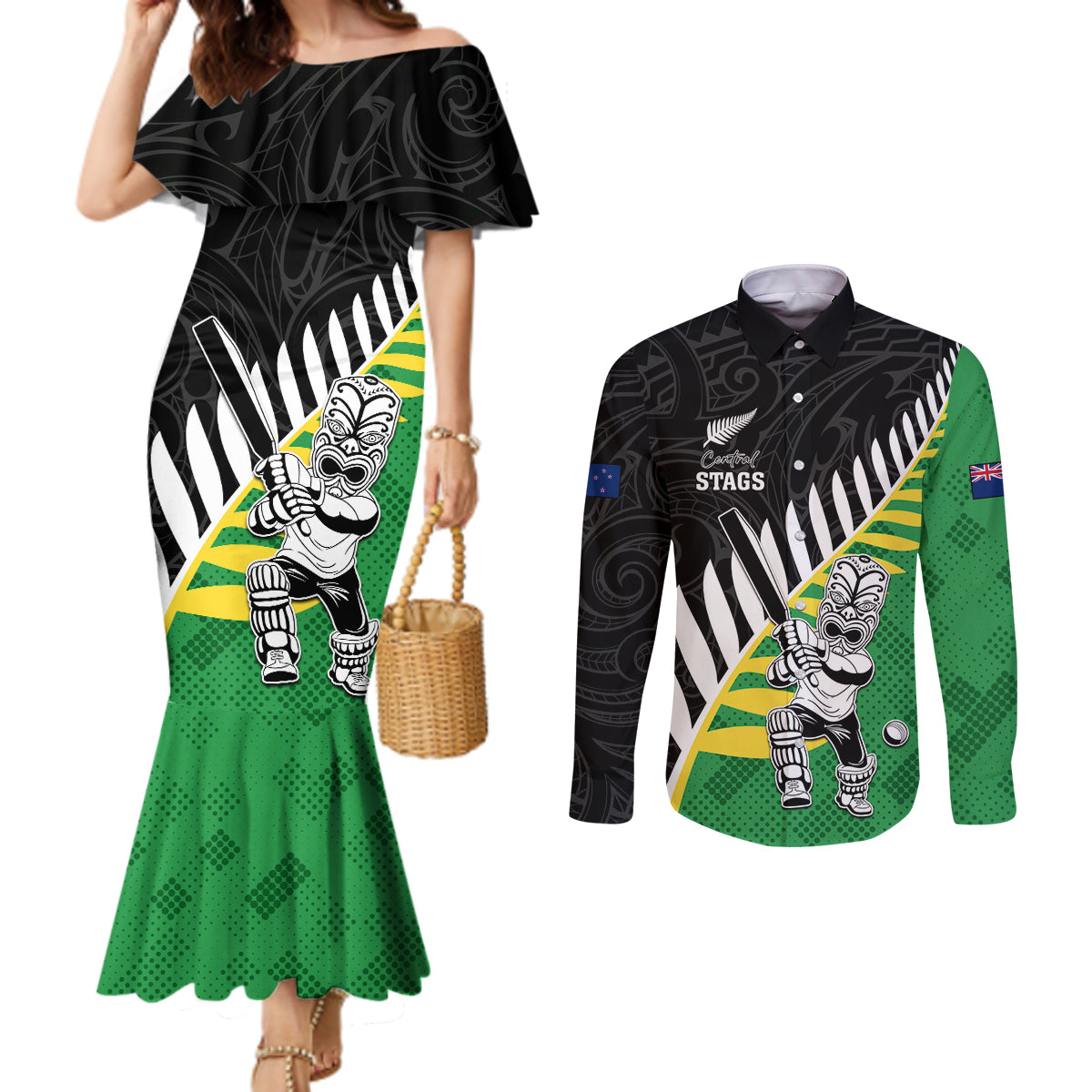 Custom New Zealand Central Districts Cricket Couples Matching Mermaid Dress and Long Sleeve Button Shirt With Maori Pattern