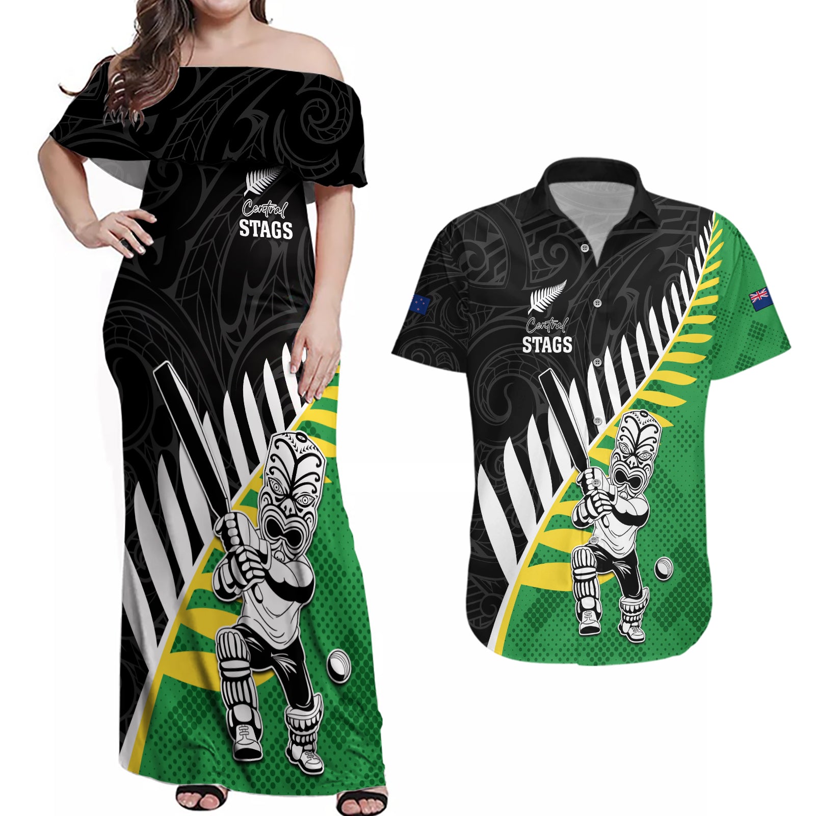 Custom New Zealand Central Districts Cricket Couples Matching Off Shoulder Maxi Dress and Hawaiian Shirt With Maori Pattern