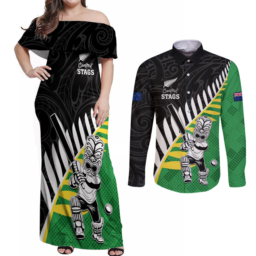 Custom New Zealand Central Districts Cricket Couples Matching Off Shoulder Maxi Dress and Long Sleeve Button Shirt With Maori Pattern