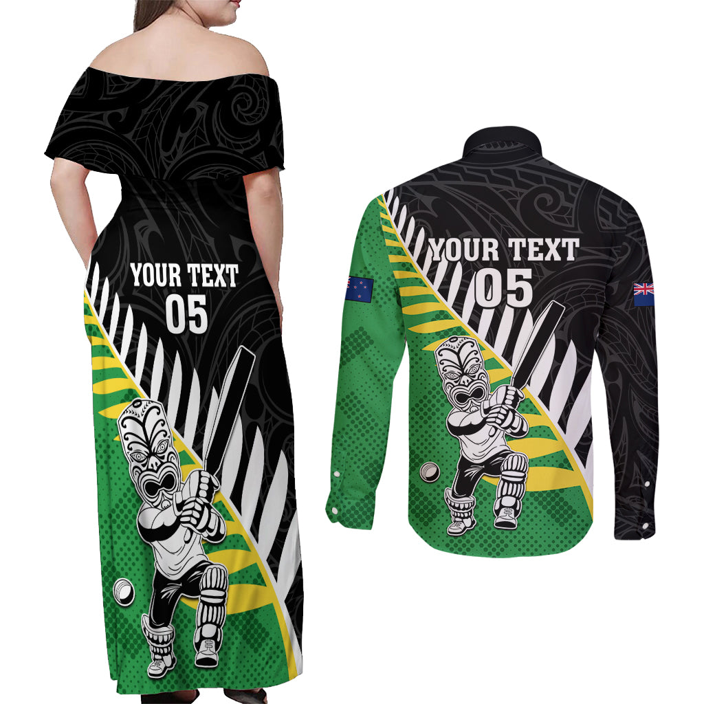 Custom New Zealand Central Districts Cricket Couples Matching Off Shoulder Maxi Dress and Long Sleeve Button Shirt With Maori Pattern LT05 - Polynesian Pride