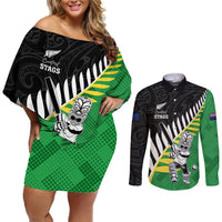 Custom New Zealand Central Districts Cricket Couples Matching Off Shoulder Short Dress and Long Sleeve Button Shirt With Maori Pattern LT05 Green - Polynesian Pride