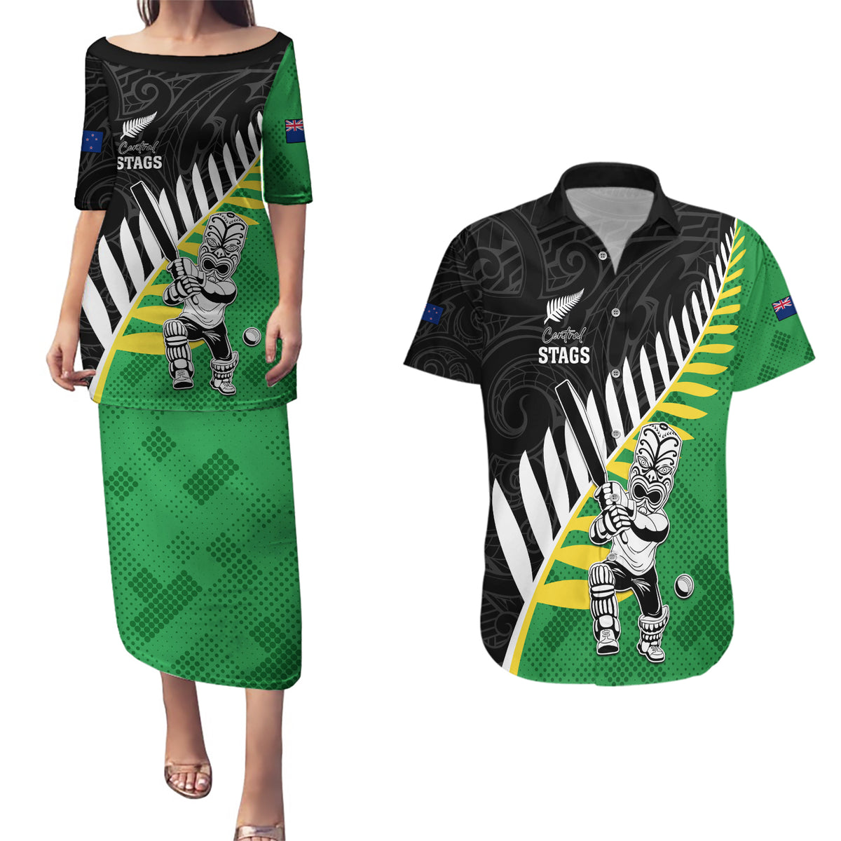 Custom New Zealand Central Districts Cricket Couples Matching Puletasi and Hawaiian Shirt With Maori Pattern LT05 Green - Polynesian Pride