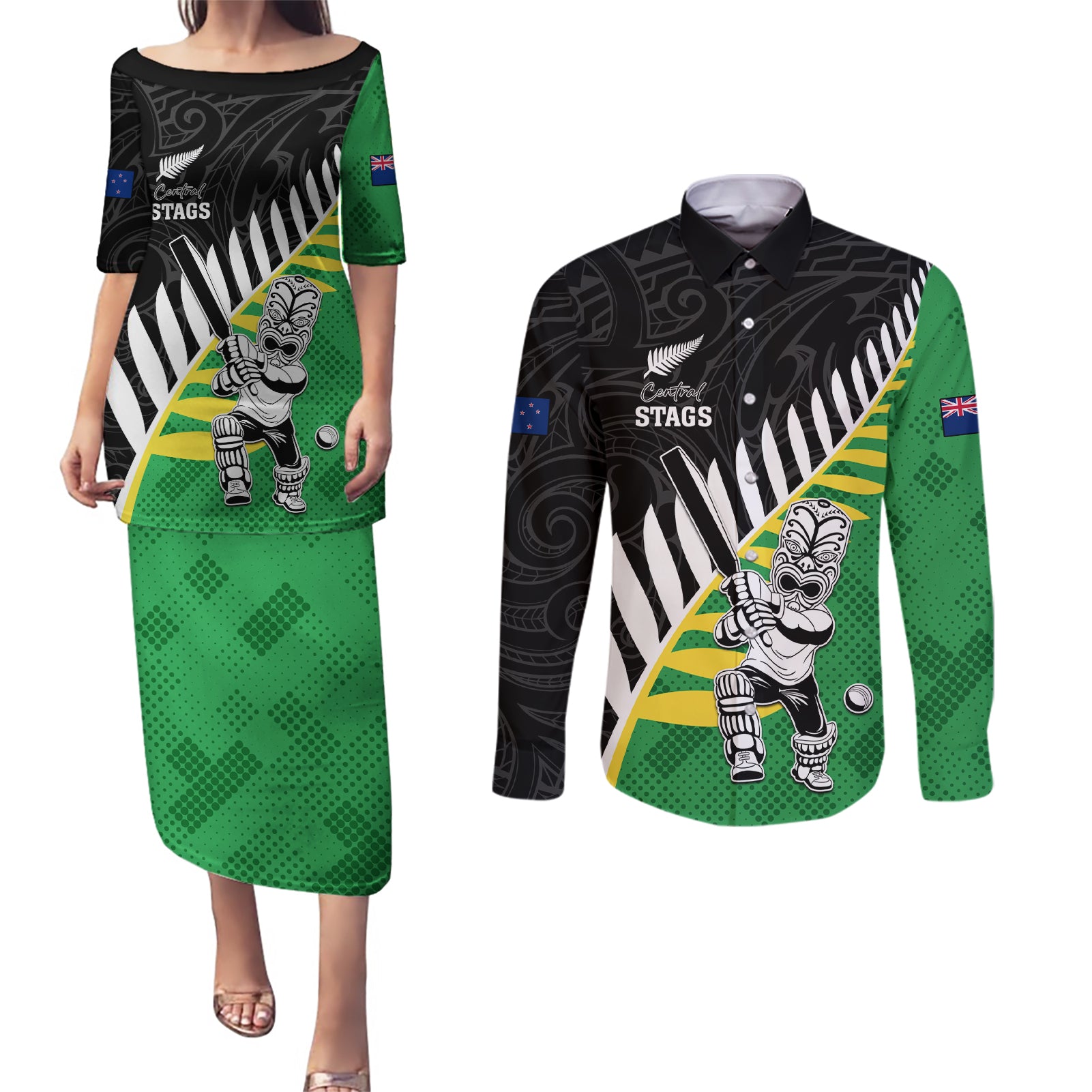 Custom New Zealand Central Districts Cricket Couples Matching Puletasi and Long Sleeve Button Shirt With Maori Pattern