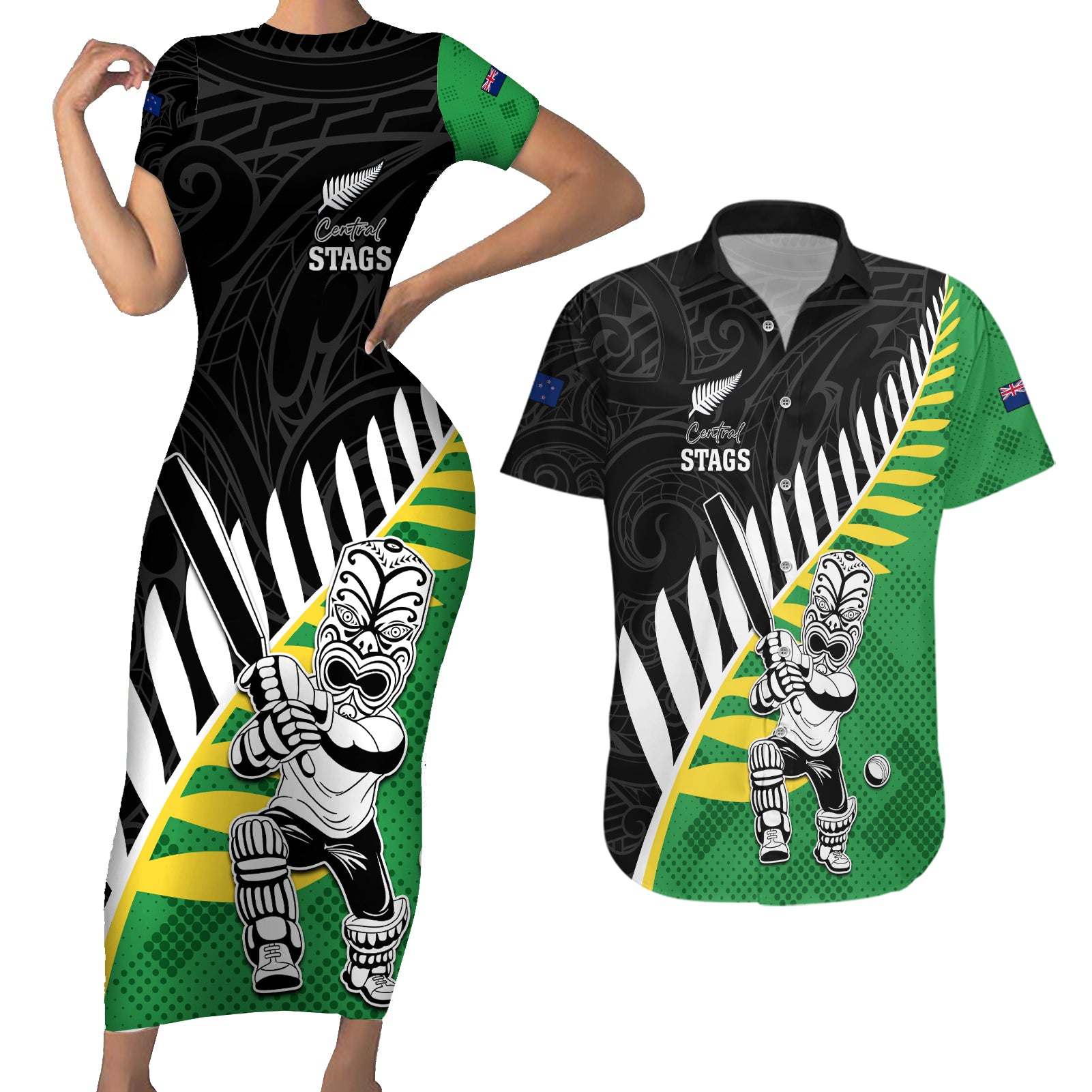 Custom New Zealand Central Districts Cricket Couples Matching Short Sleeve Bodycon Dress and Hawaiian Shirt With Maori Pattern