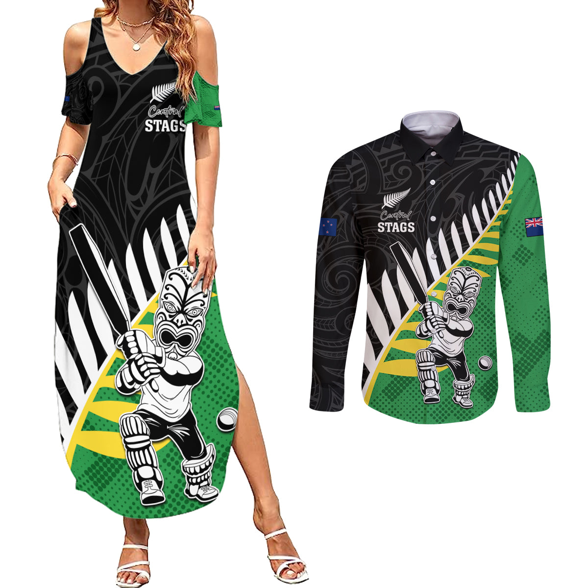 Custom New Zealand Central Districts Cricket Couples Matching Summer Maxi Dress and Long Sleeve Button Shirt With Maori Pattern