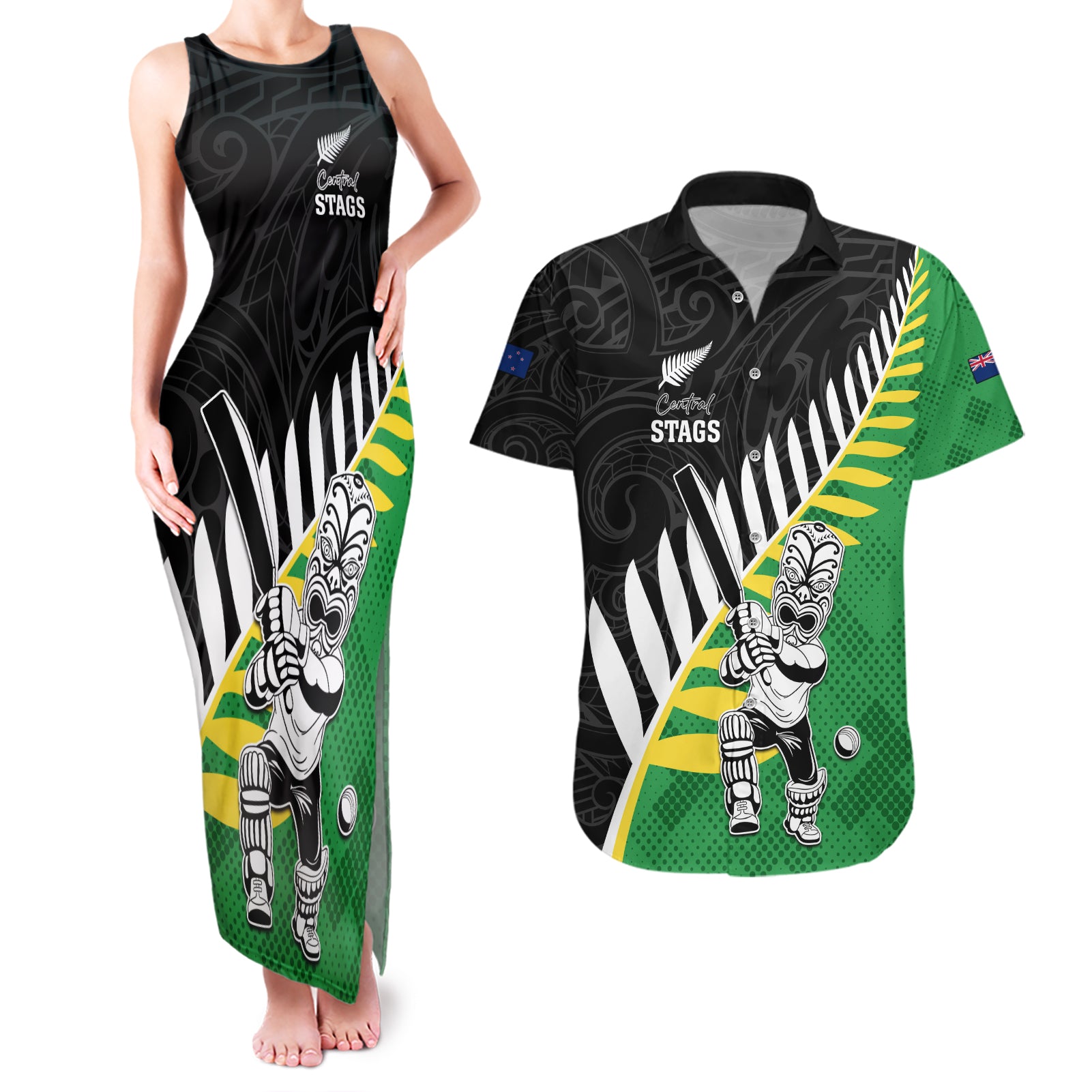 Custom New Zealand Central Districts Cricket Couples Matching Tank Maxi Dress and Hawaiian Shirt With Maori Pattern