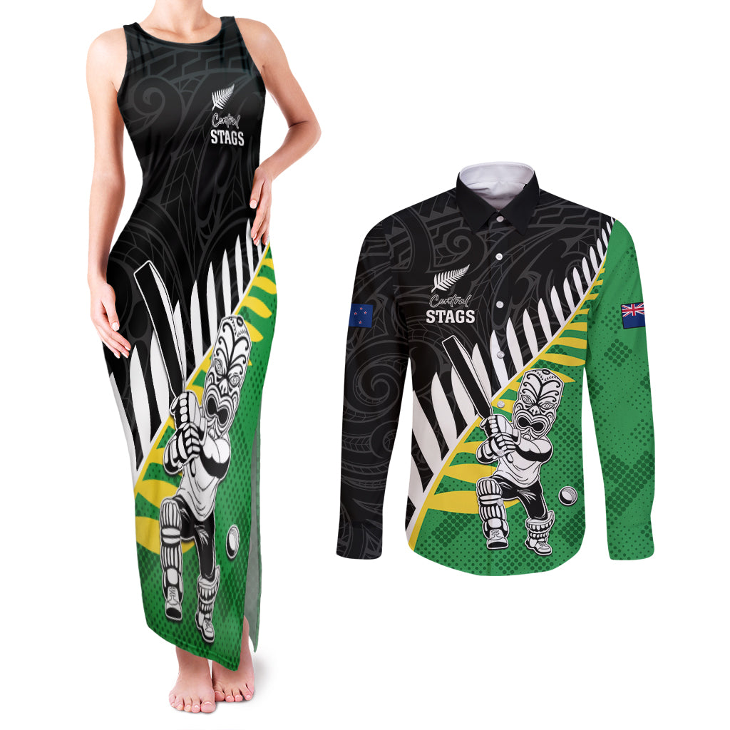 Custom New Zealand Central Districts Cricket Couples Matching Tank Maxi Dress and Long Sleeve Button Shirt With Maori Pattern