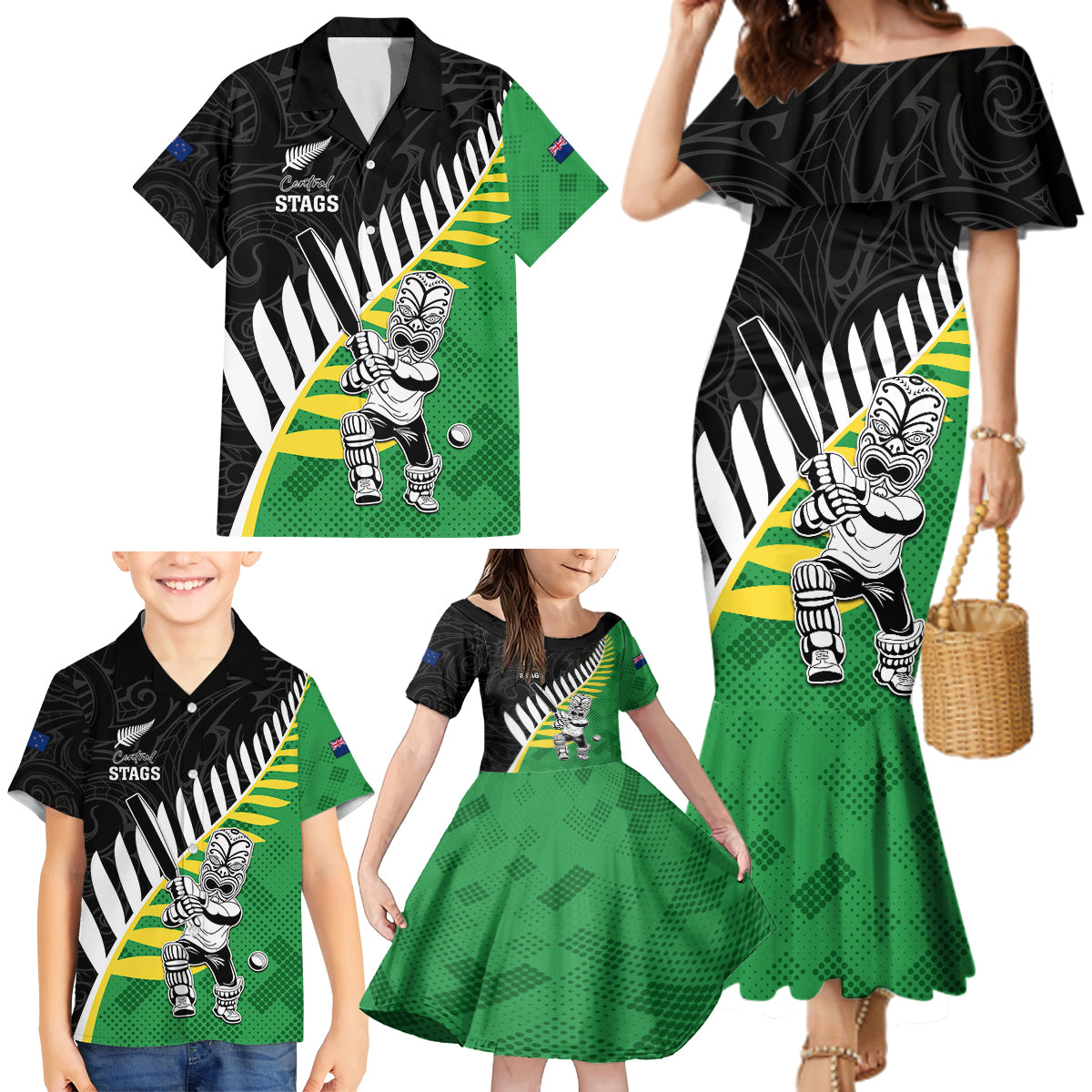 Custom New Zealand Central Districts Cricket Family Matching Mermaid Dress and Hawaiian Shirt With Maori Pattern